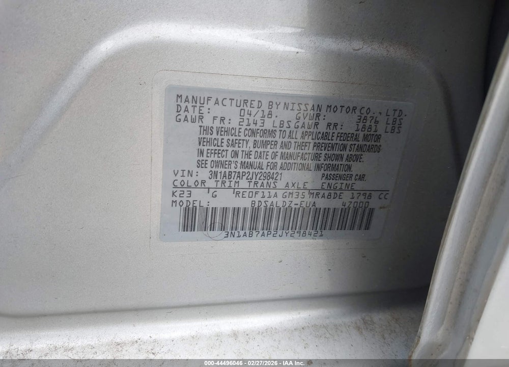 2018 NISSAN SENTRA SV VIN: 3N1AB7AP2JY298421