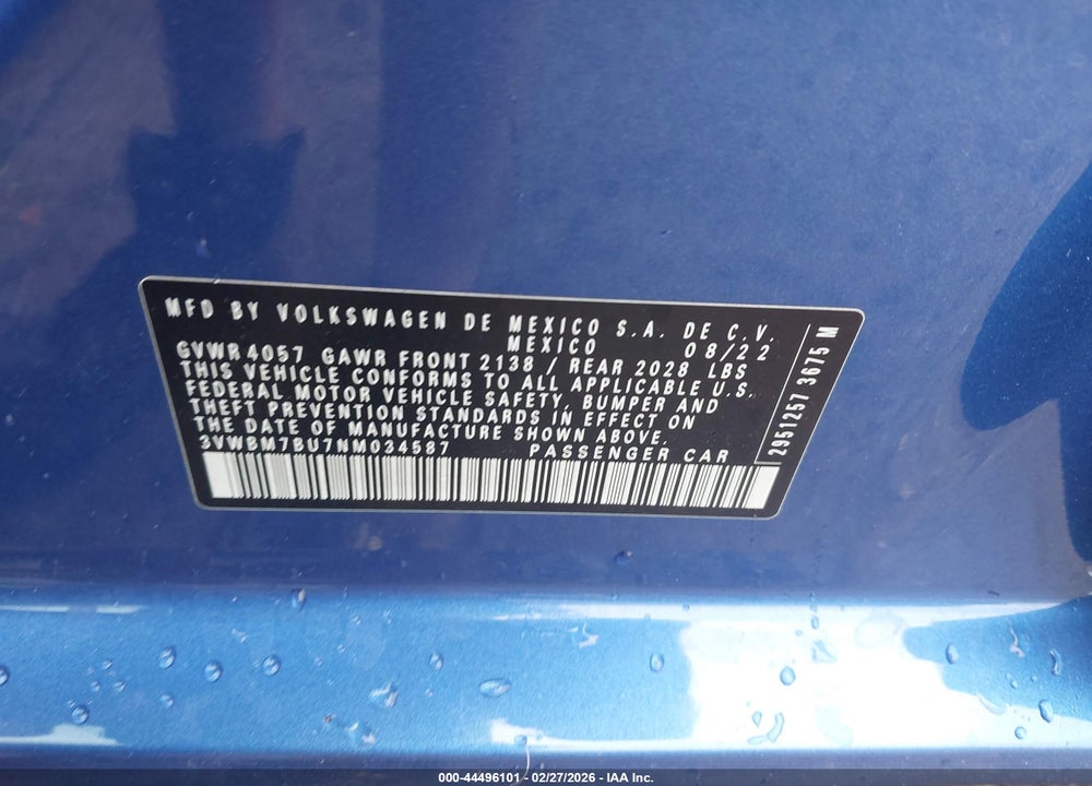 2022 VOLKSWAGEN JETTA 1.5T SPORT VIN: 3VWBM7BU7NM034587