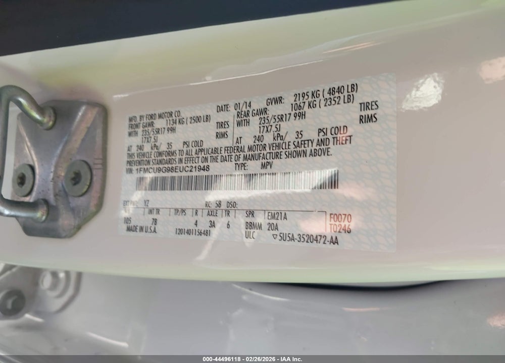 2014 FORD ESCAPE SE VIN: 1FMCU9G98EUC21948