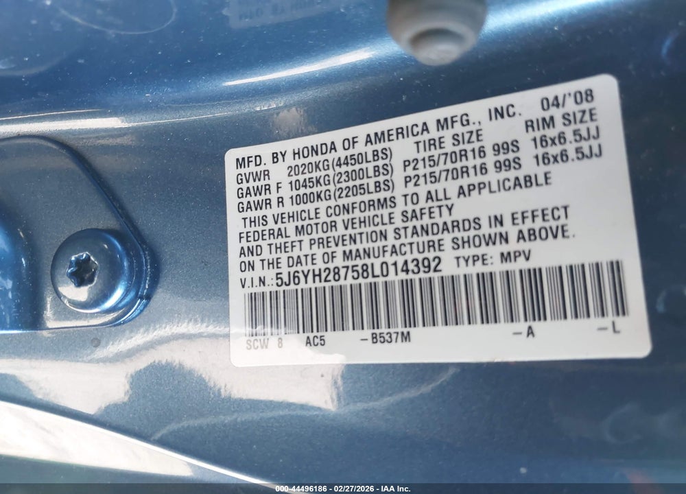 2008 HONDA ELEMENT EX VIN: 5J6YH28758L014392