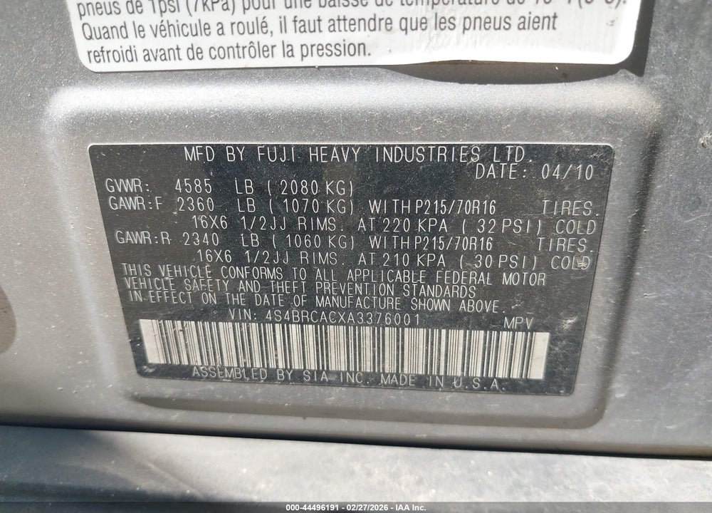 2010 SUBARU OUTBACK 2.5I VIN: 4S4BRCACXA3376001