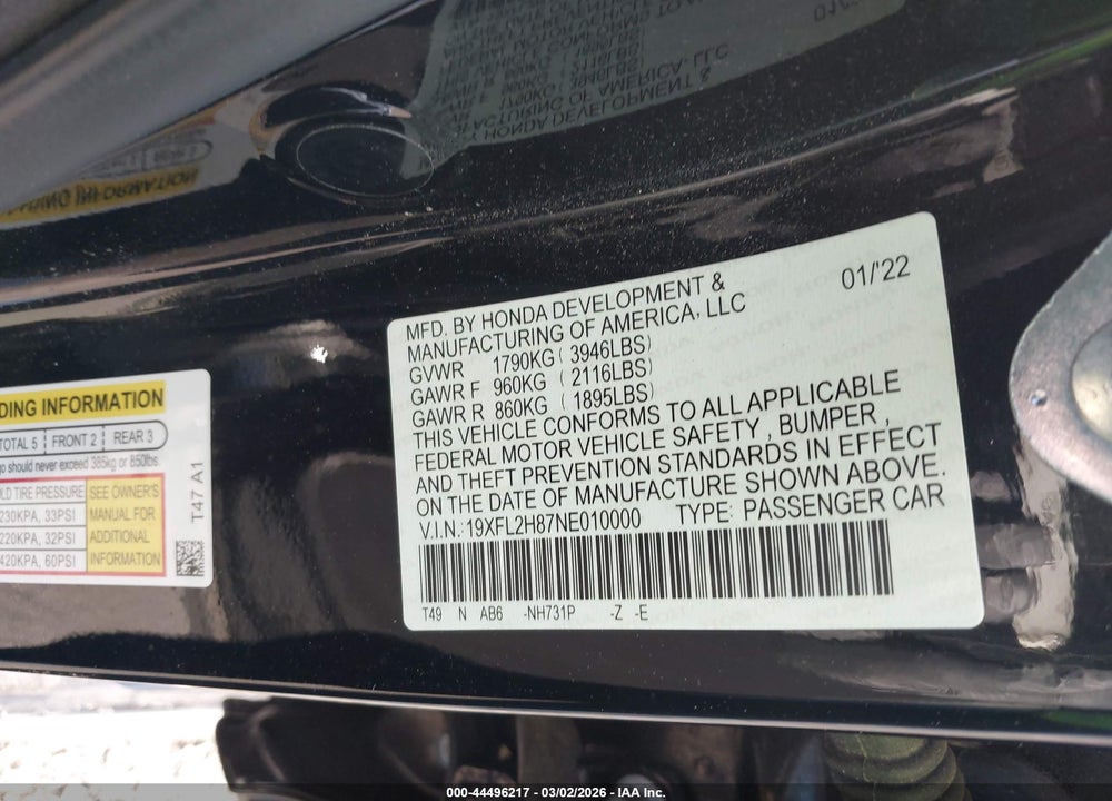2022 HONDA CIVIC SPORT VIN: 19XFL2H87NE010000