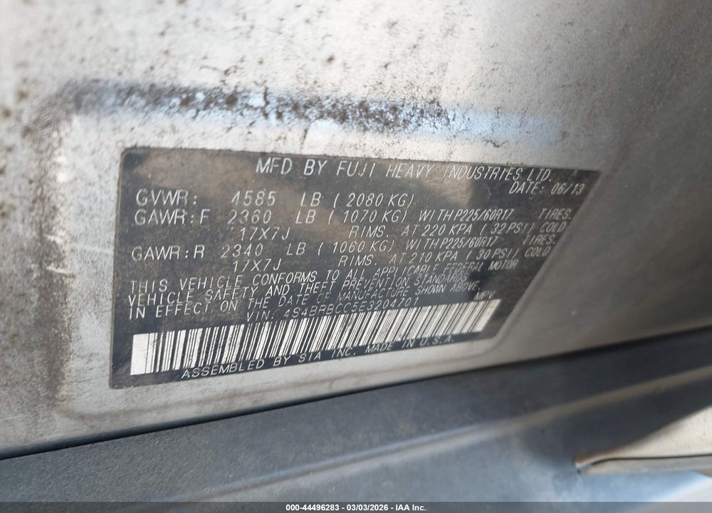 2014 SUBARU OUTBACK 2.5I PREMIUM VIN: 4S4BRBCC5E3204701