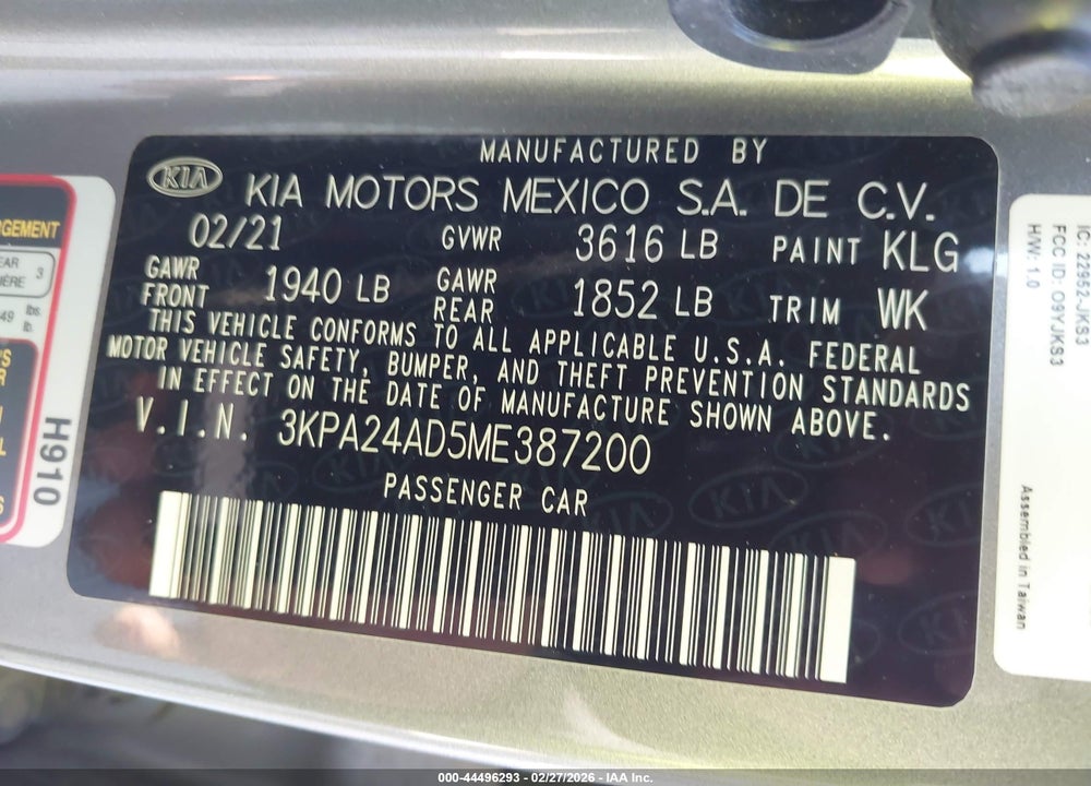 2021 KIA RIO S VIN: 3KPA24AD5ME387200
