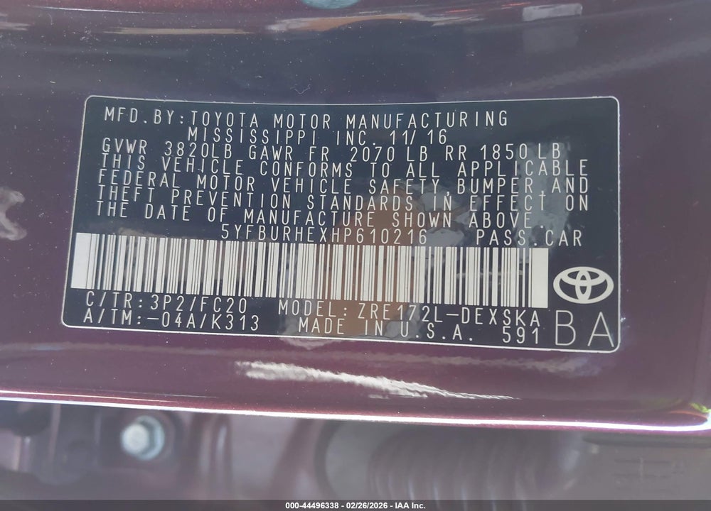 2017 TOYOTA COROLLA VIN: 5YFBURHEXHP610216