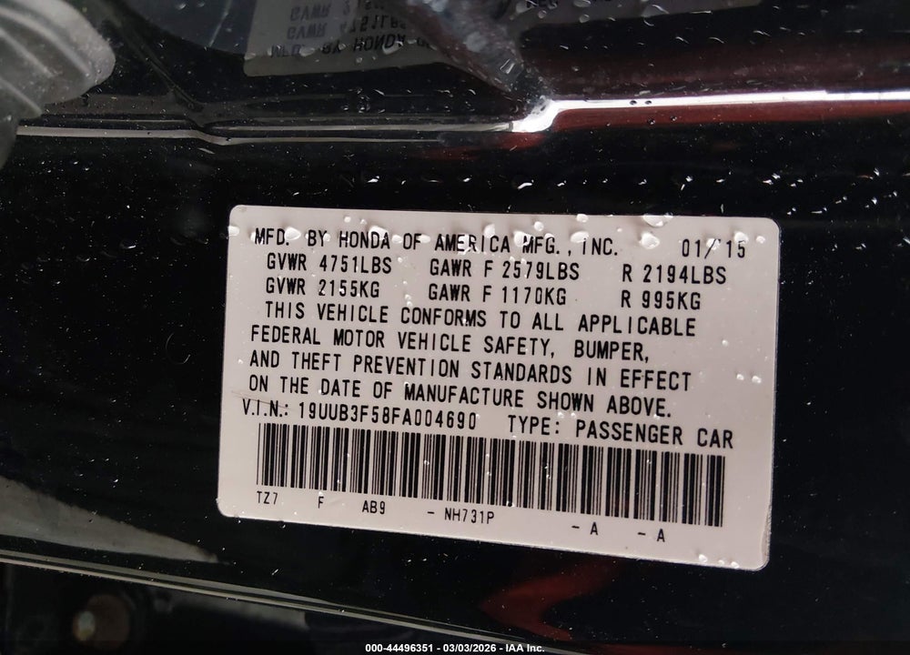 2015 ACURA TLX V6 TECH VIN: 19UUB3F58FA004690