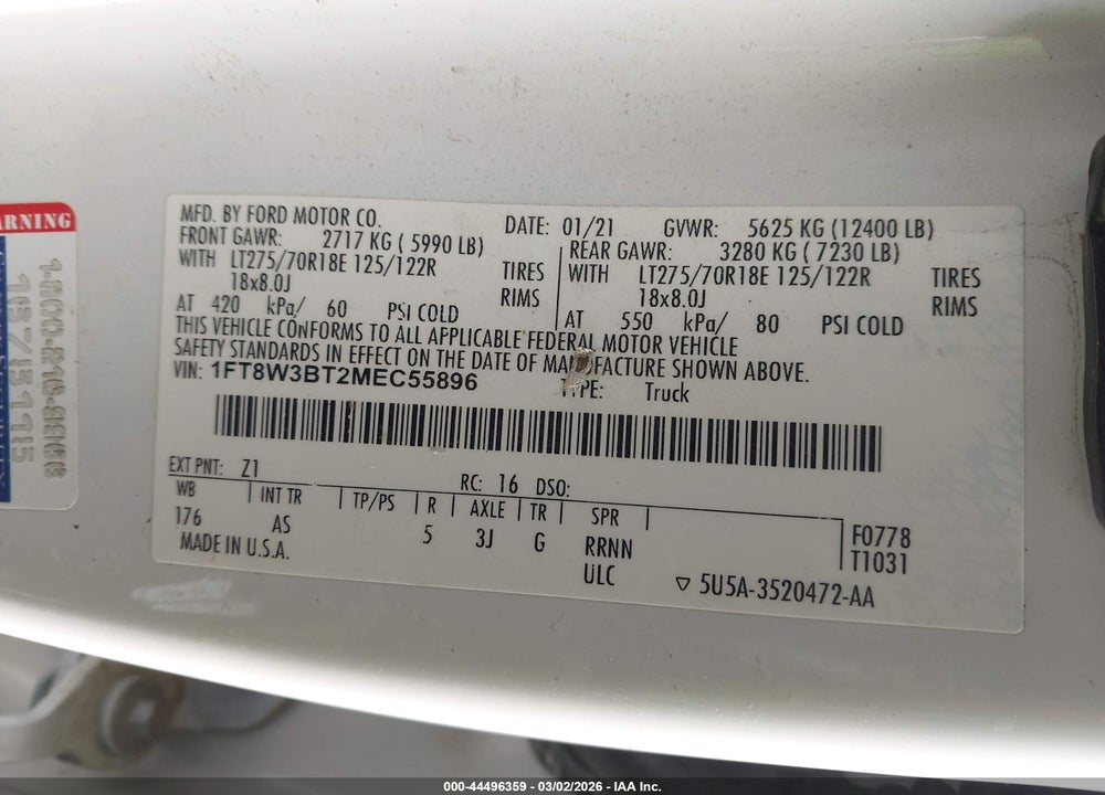 2021 FORD F-350 XL VIN: 1FT8W3BT2MEC55896