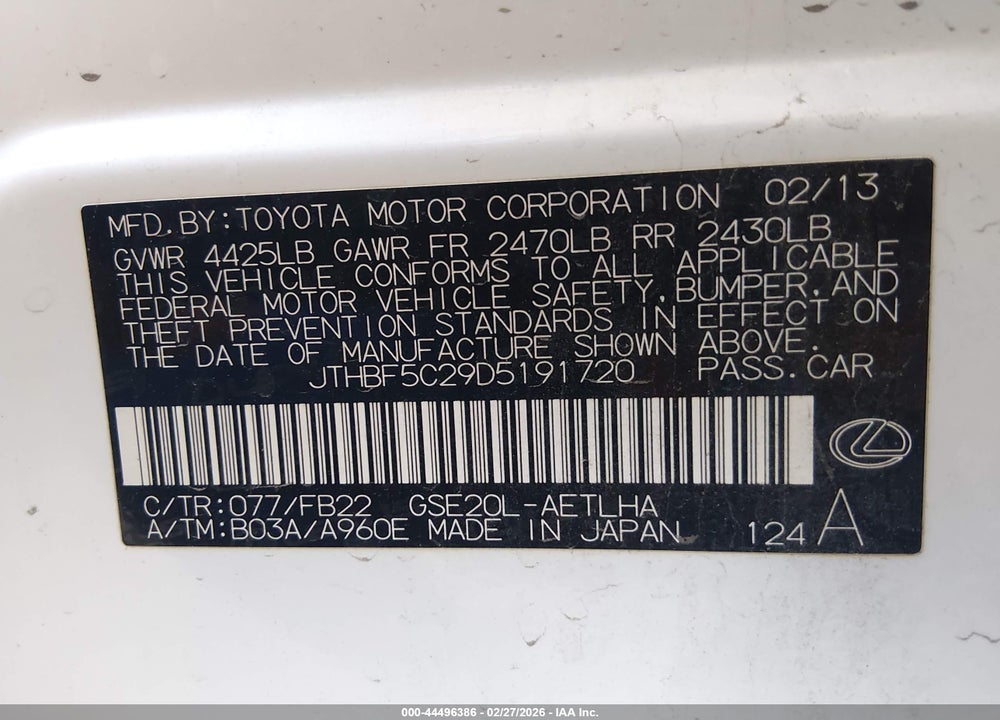 2013 LEXUS IS 250 VIN: JTHBF5C29D5191720