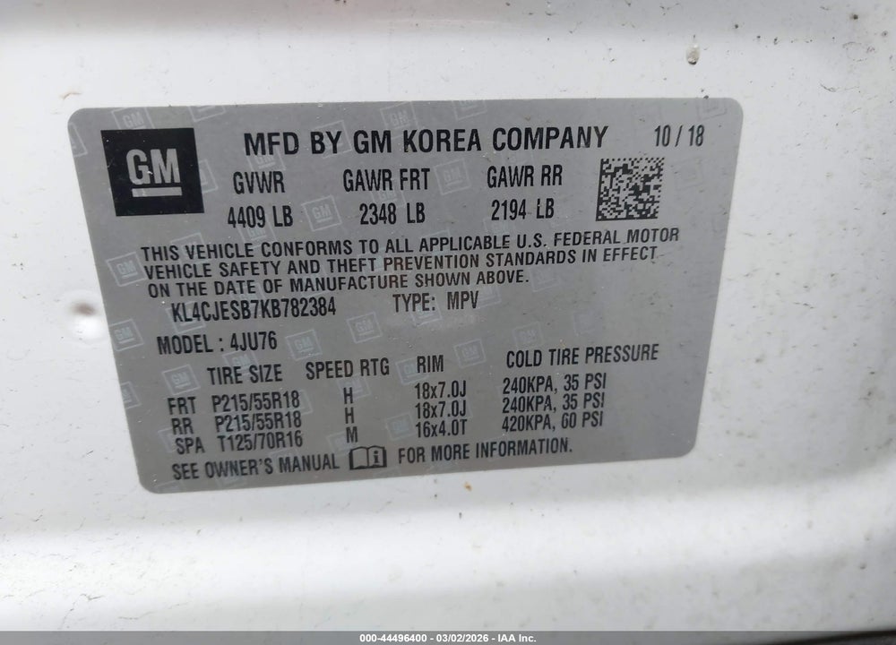 2019 BUICK ENCORE AWD PREFERRED VIN: KL4CJESB7KB782384