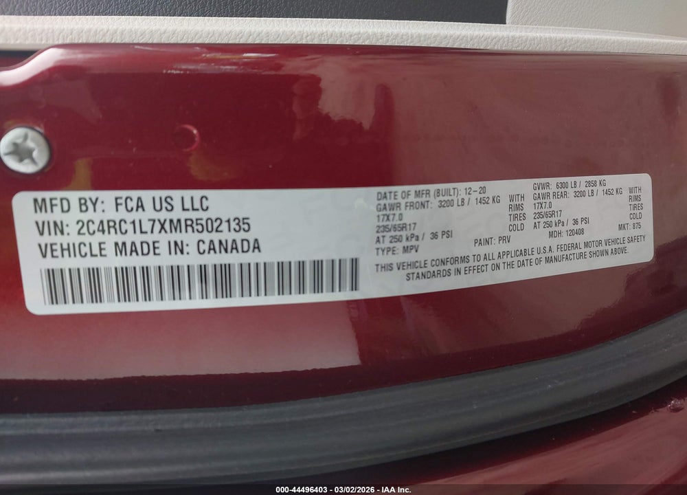 2021 CHRYSLER PACIFICA HYBRID TOURING L VIN: 2C4RC1L7XMR502135