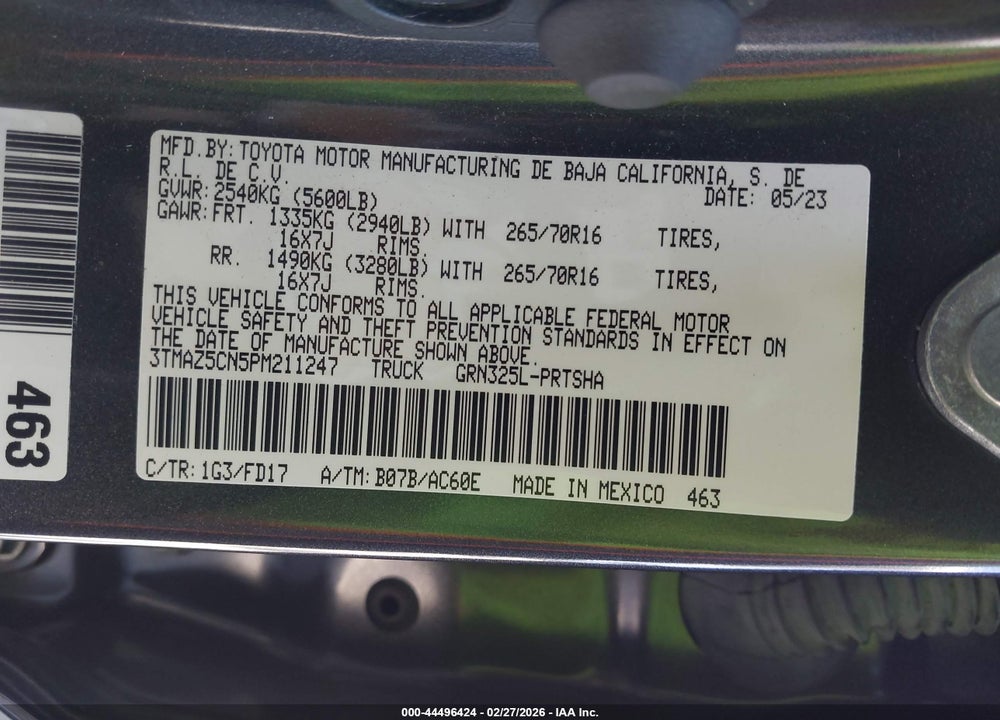 2023 TOYOTA TACOMA TRD OFF ROAD VIN: 3TMAZ5CN5PM211247