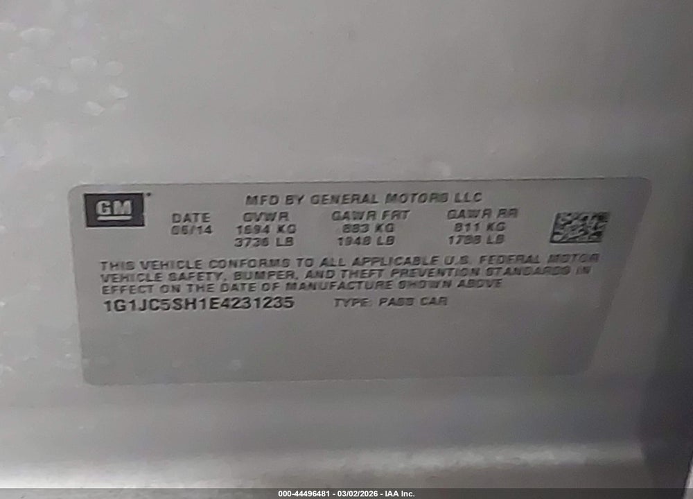 2014 CHEVROLET SONIC LT AUTO VIN: 1G1JC5SH1E4231235