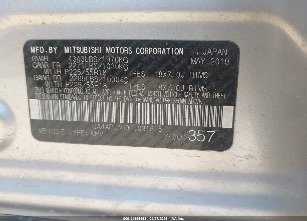 2019 MITSUBISHI OUTLANDER SPORT 2.0 ES VIN: JA4AP3AU9KU031515