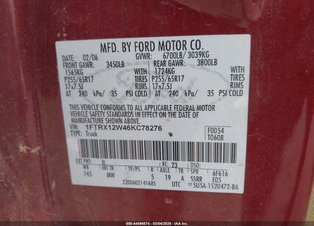 2006 FORD F-150 STX/XL/XLT VIN: 1FTRX12W46KC78276