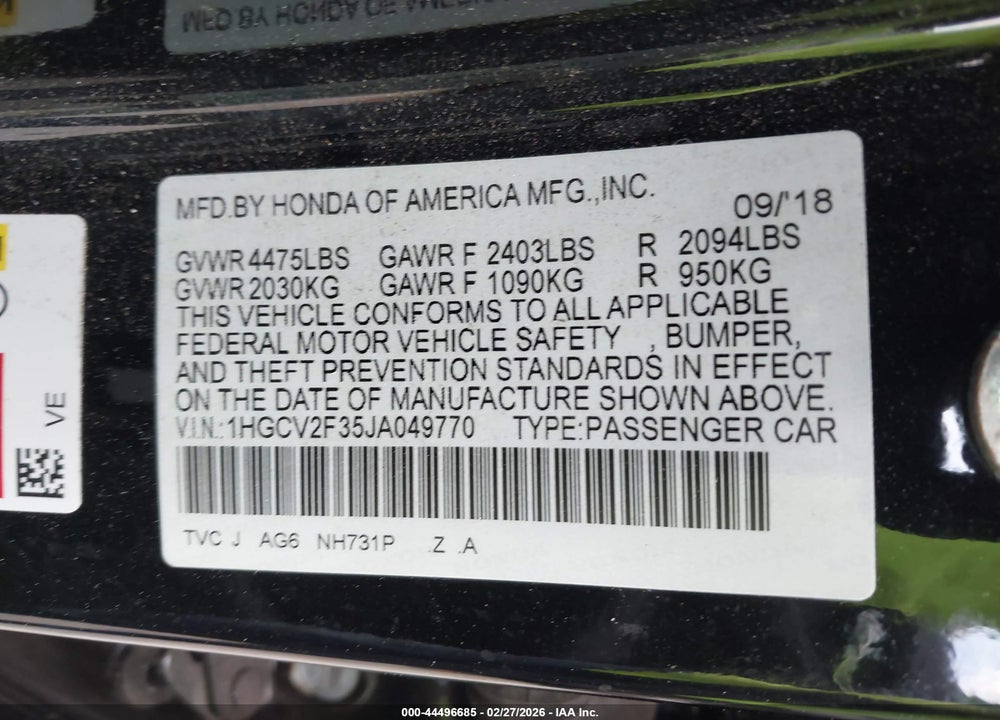 2018 HONDA ACCORD SPORT 2.0T VIN: 1HGCV2F35JA049770