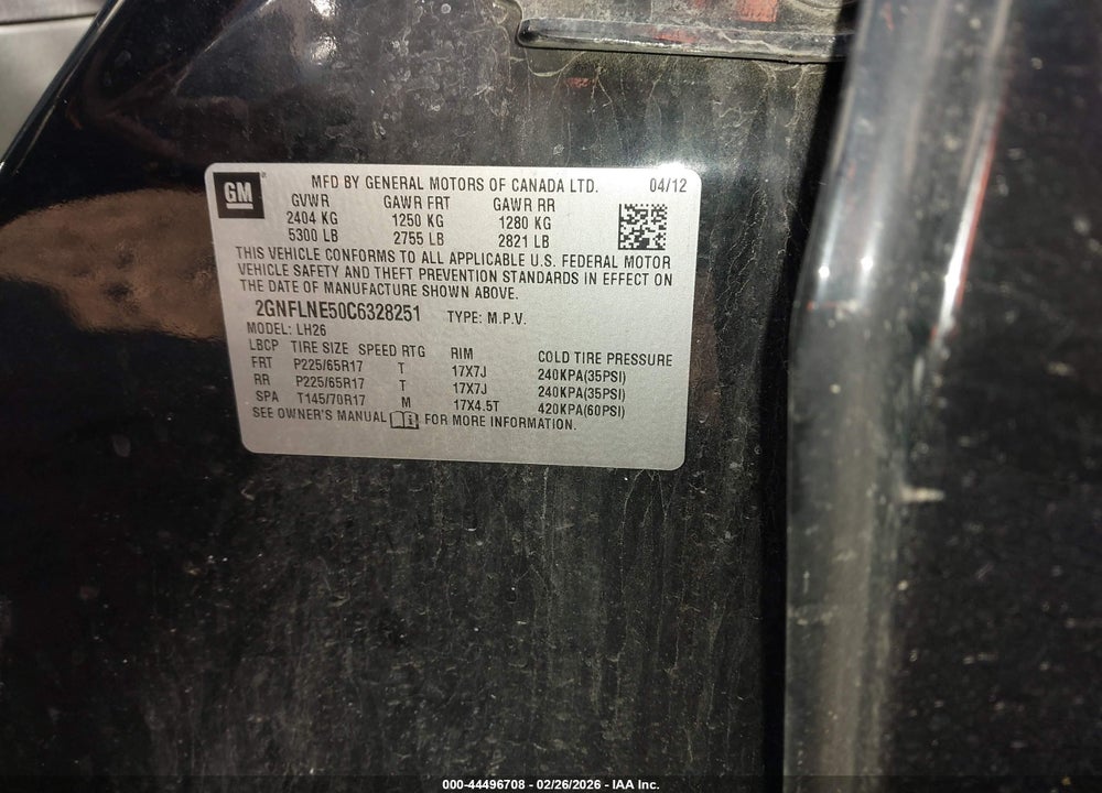 2012 CHEVROLET EQUINOX 2LT VIN: 2GNFLNE50C6328251
