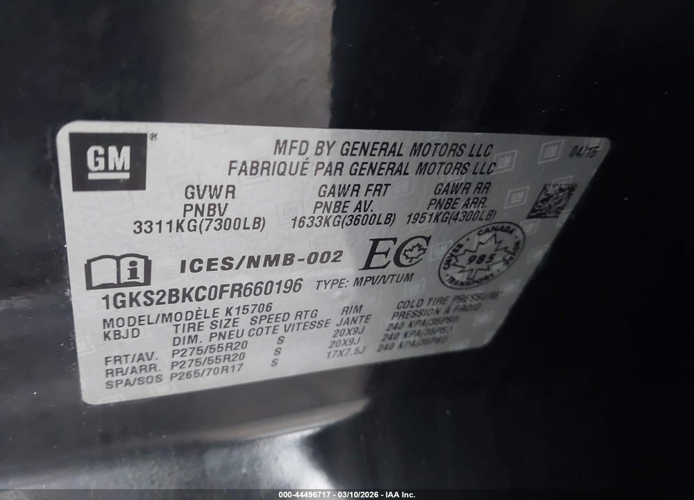 2015 GMC YUKON SLT VIN: 1GKS2BKC0FR660196