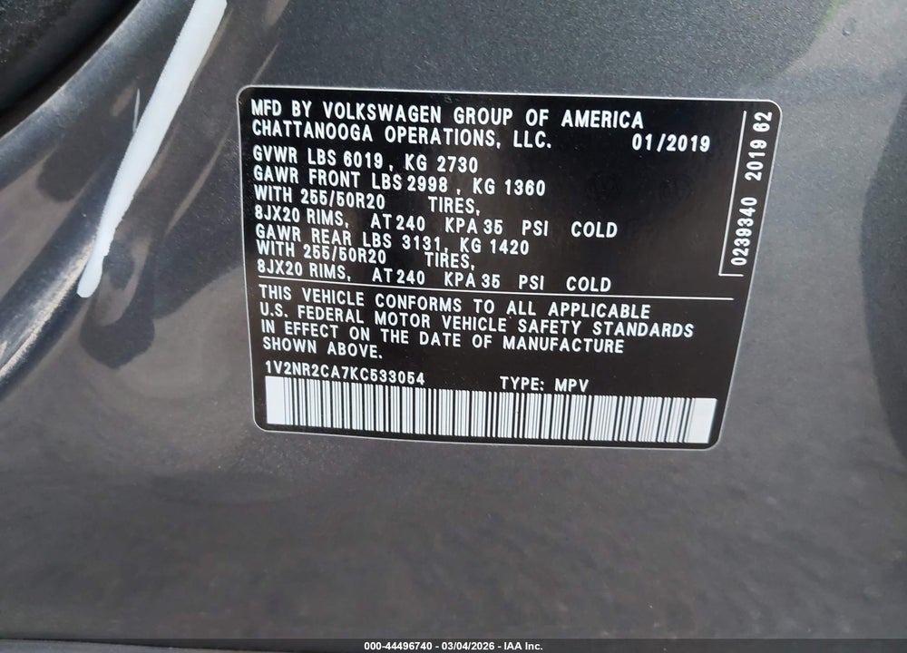 2019 VOLKSWAGEN ATLAS 3.6L V6 SEL PREMIUM VIN: 1V2NR2CA7KC533054