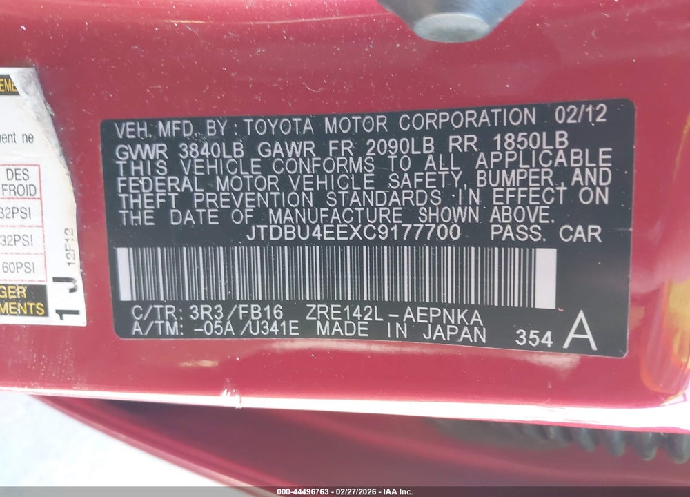 2012 TOYOTA COROLLA LE VIN: JTDBU4EEXC9177700