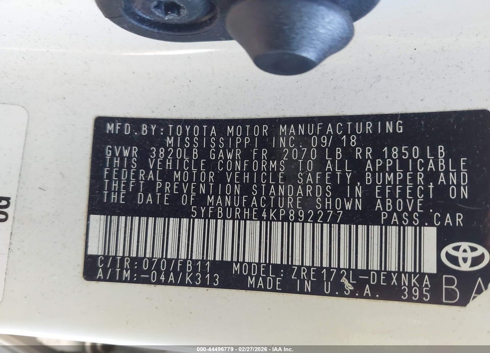 2019 TOYOTA COROLLA LE VIN: 5YFBURHE4KP892277