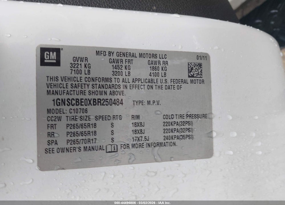 2011 CHEVROLET TAHOE LT VIN: 1GNSCBE0XBR250484