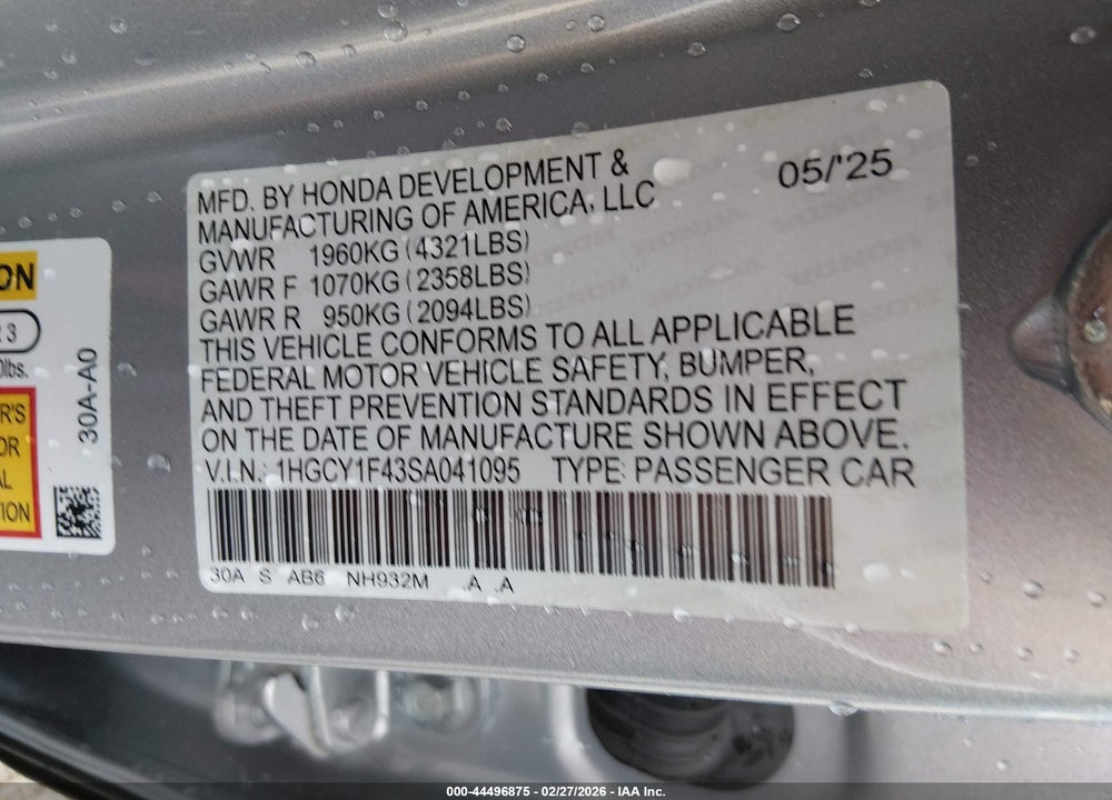 2025 HONDA ACCORD SE VIN: 1HGCY1F43SA041095