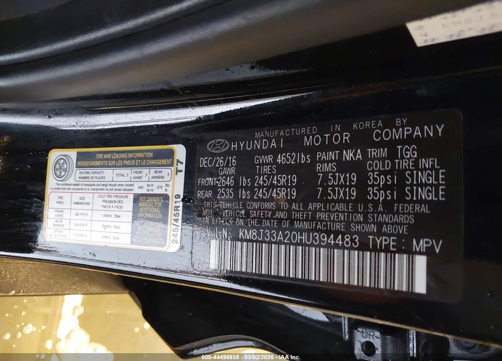 2017 HYUNDAI TUCSON SPORT VIN: KM8J33A20HU394483