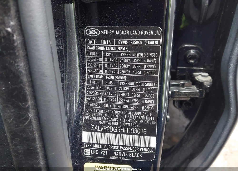 2017 LAND ROVER RANGE ROVER EVOQUE SE/SE PREMIUM VIN: SALVP2BG5HH193016