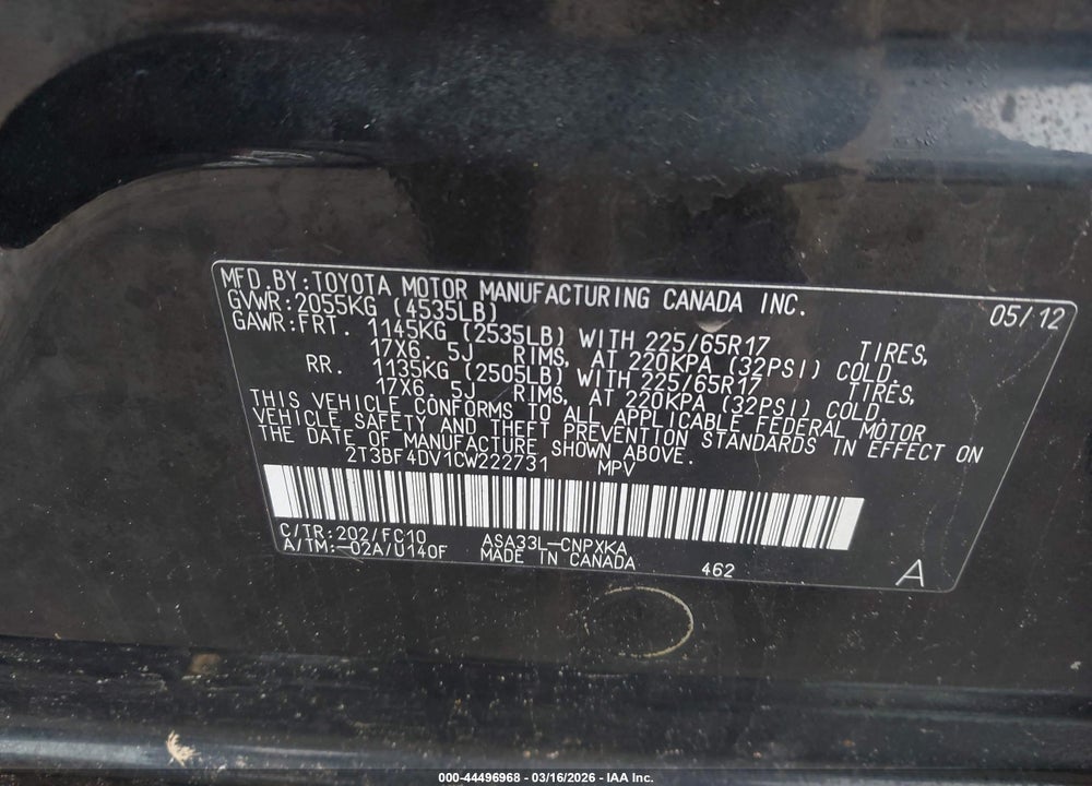 2012 TOYOTA RAV4 VIN: 2T3BF4DV1CW222731