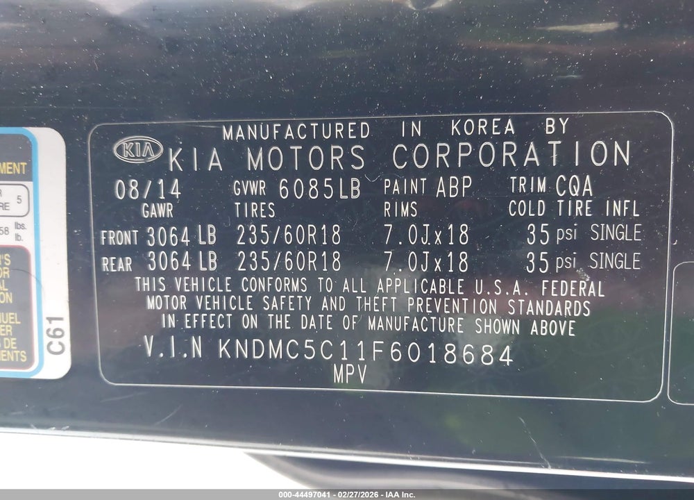 2015 KIA SEDONA SX VIN: KNDMC5C11F6018684