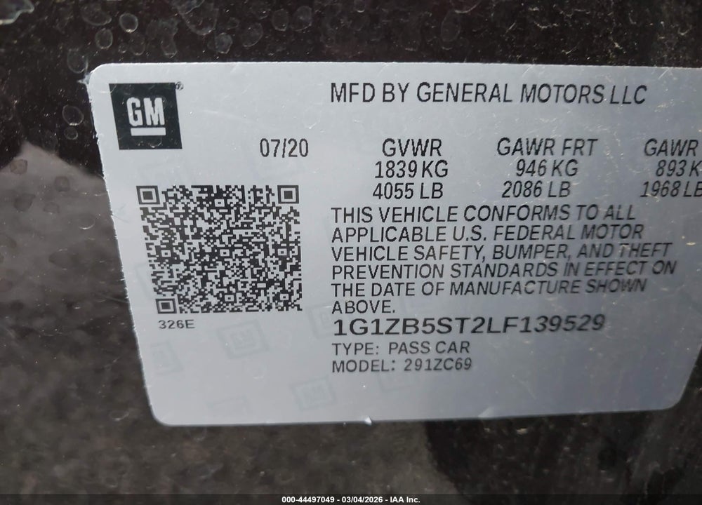 2020 CHEVROLET MALIBU FWD LS VIN: 1G1ZB5ST2LF139529