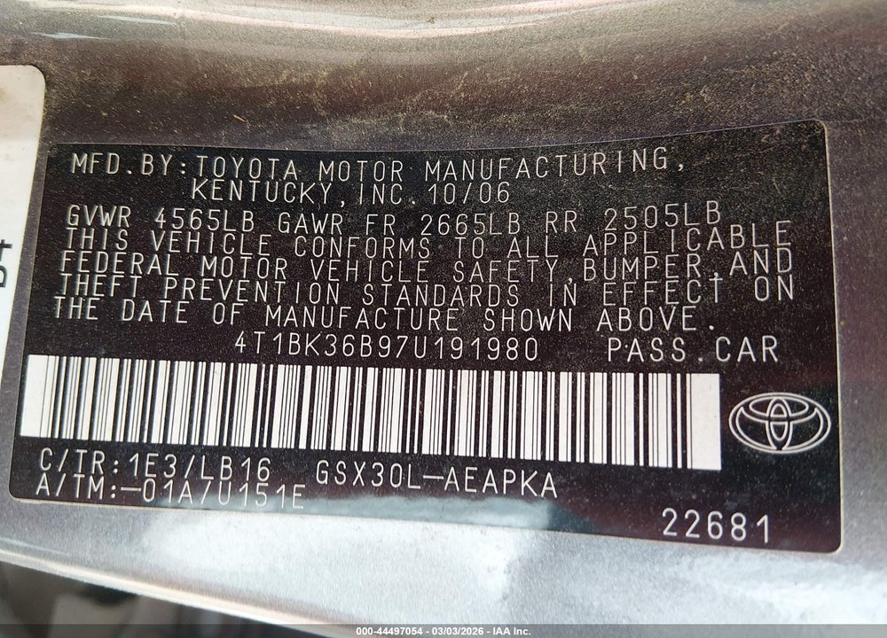 2007 TOYOTA AVALON LIMITED VIN: 4T1BK36B97U191980