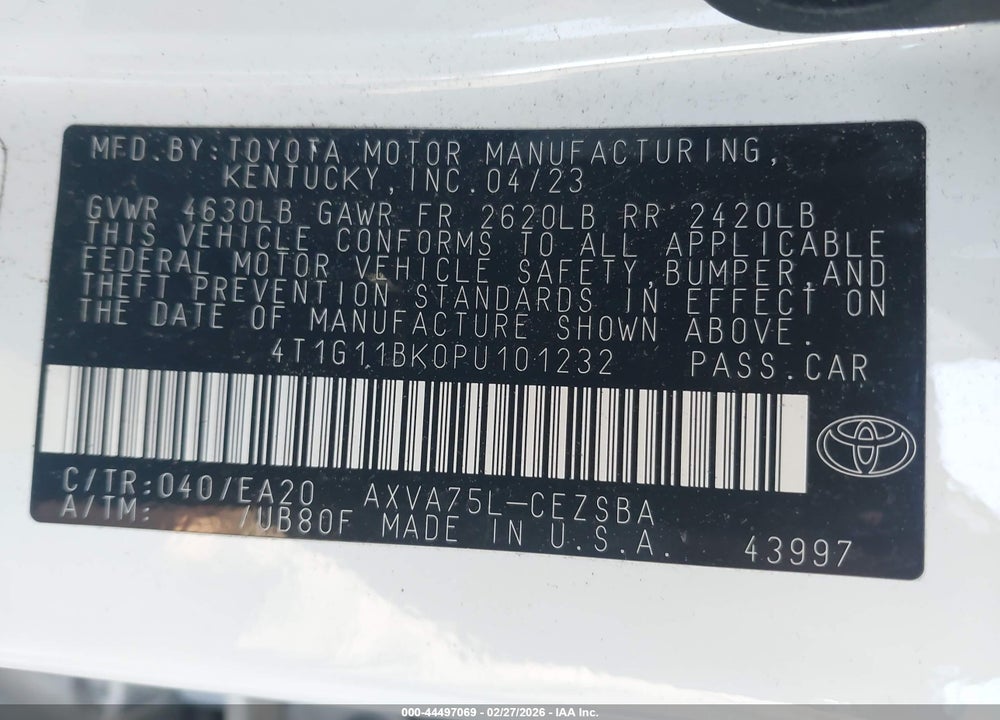 2023 TOYOTA CAMRY SE AWD VIN: 4T1G11BK0PU101232