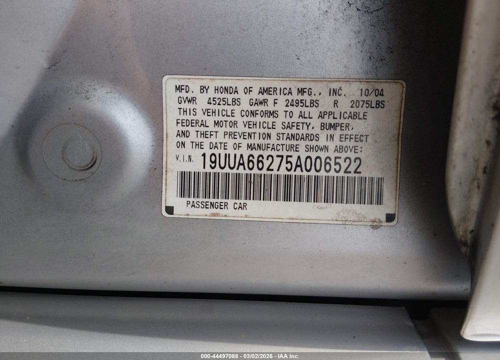 2005 ACURA TL VIN: 19UUA66275A006522