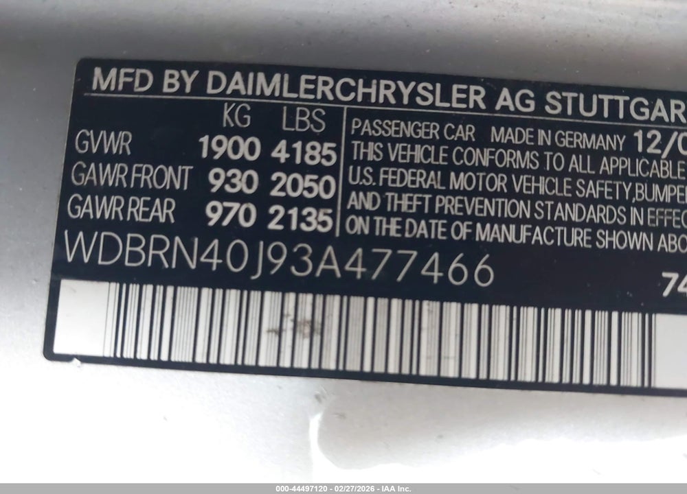 2003 MERCEDES-BENZ C 230 KOMPRESSOR SPORT VIN: WDBRN40J93A477466