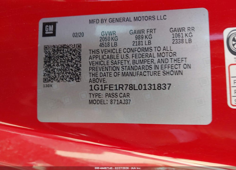 2020 CHEVROLET CAMARO VIN: 1G1FE1R78L0131837