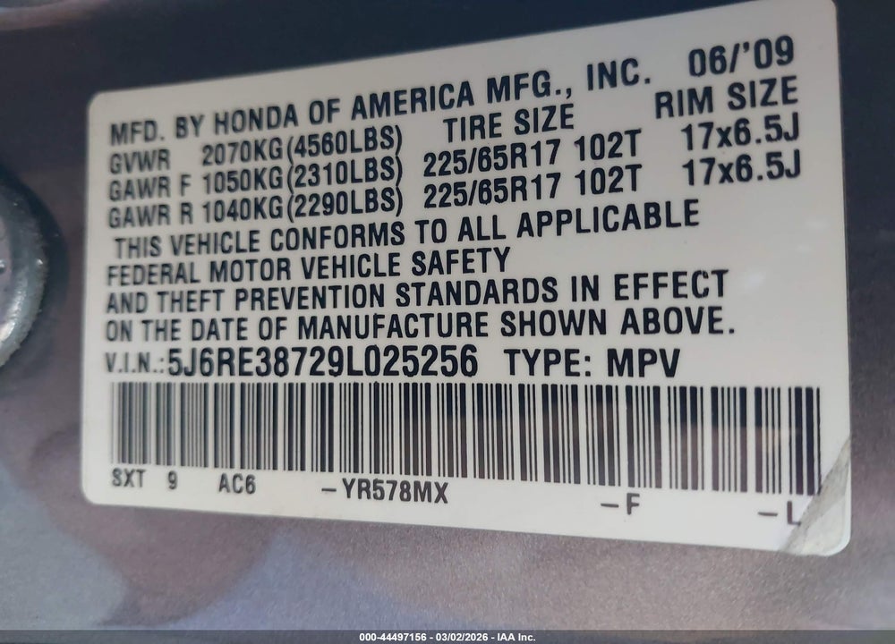 2009 HONDA CR-V EX-L VIN: 5J6RE38729L025256