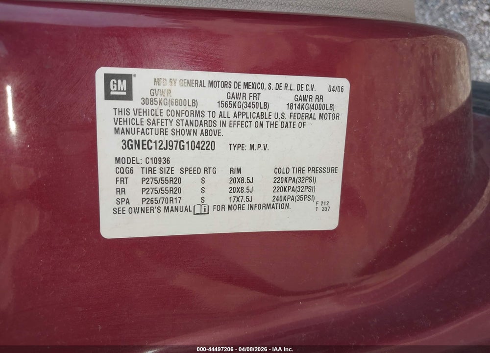2007 CHEVROLET AVALANCHE 1500 LT VIN: 3GNEC12J97G104220