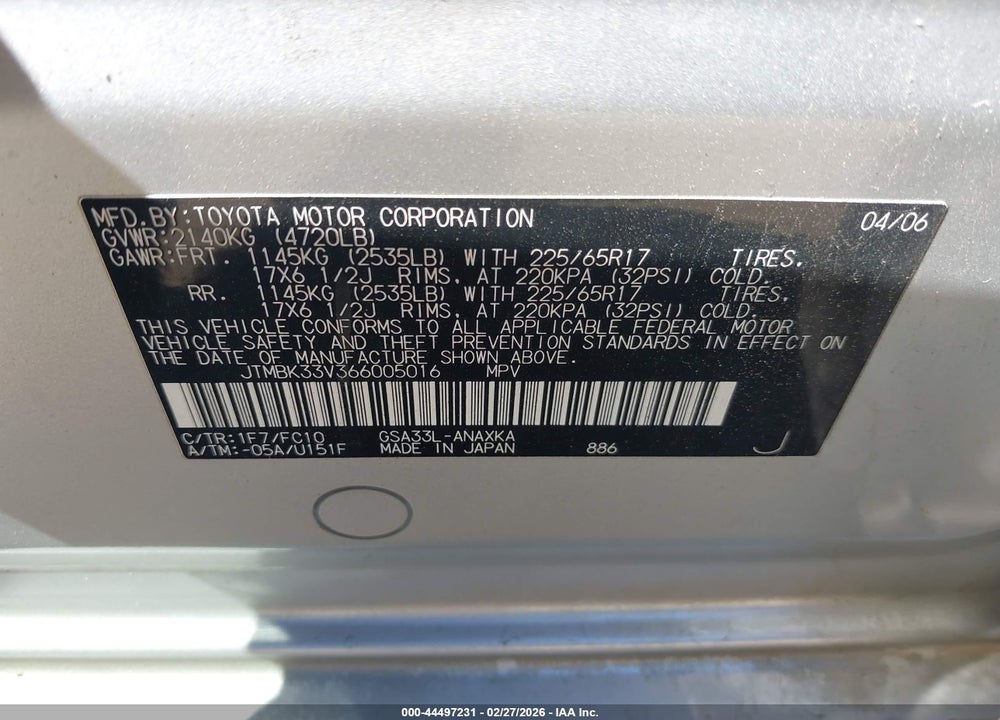2006 TOYOTA RAV4 BASE V6 VIN: JTMBK33V366005016