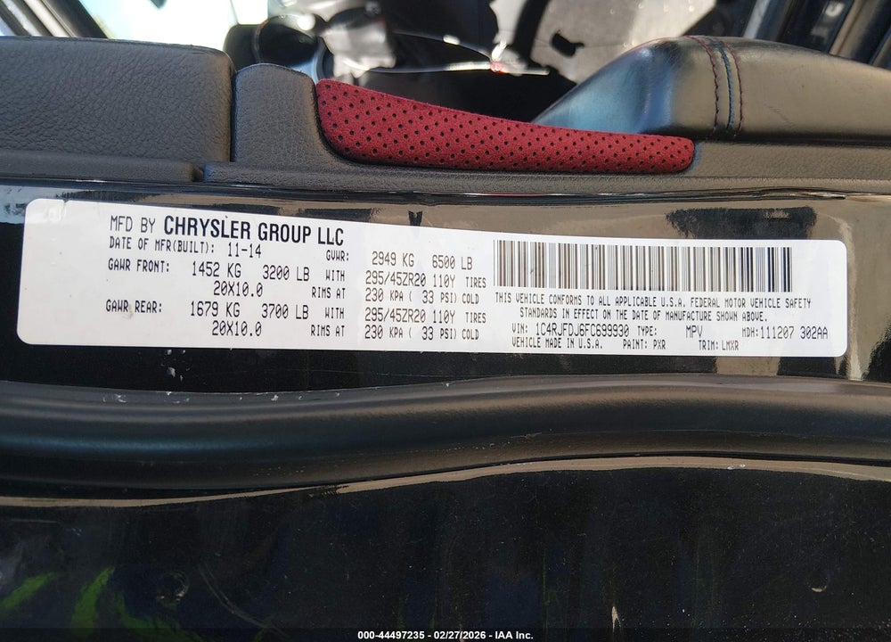 2015 JEEP GRAND CHEROKEE SRT VIN: 1C4RJFDJ6FC699930