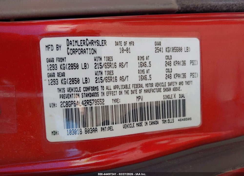 2002 CHRYSLER TOWN & COUNTRY LIMITED VIN: 2C8GP64L42R579552
