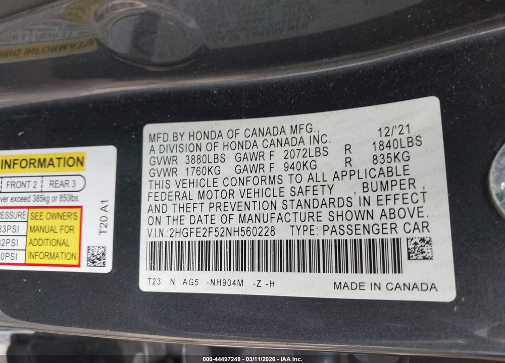 2022 HONDA CIVIC SPORT VIN: 2HGFE2F52NH560228