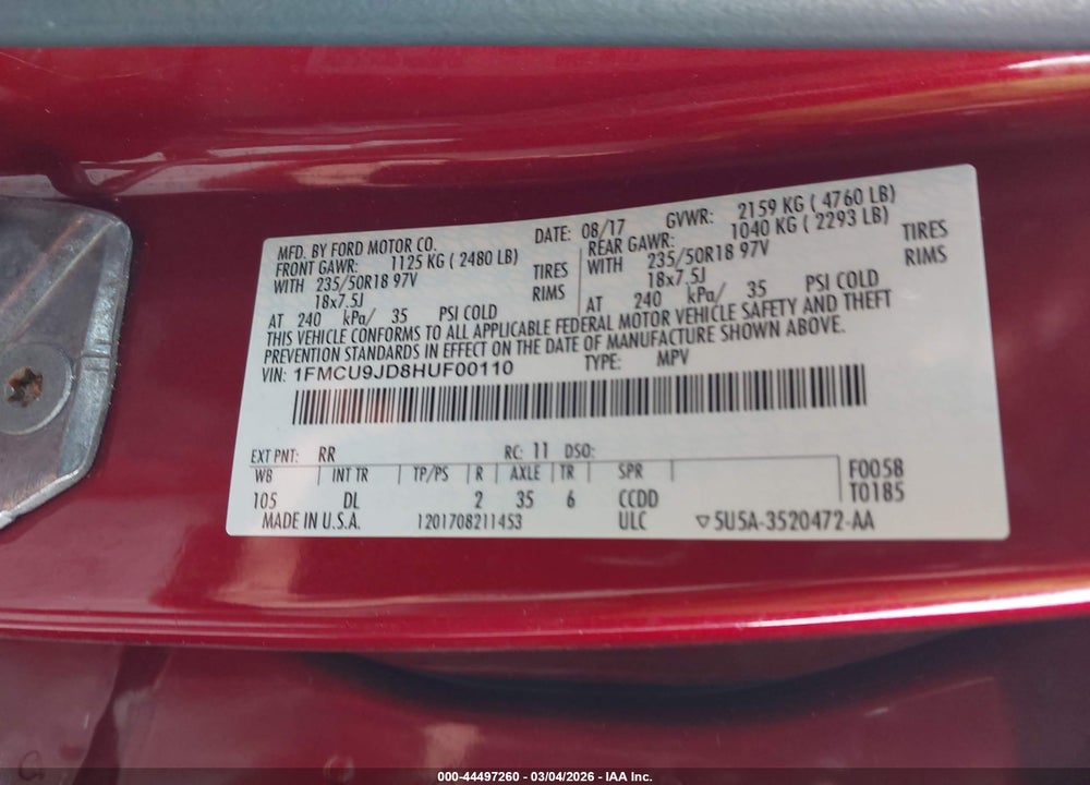 2017 FORD ESCAPE TITANIUM VIN: 1FMCU9JD8HUF00110