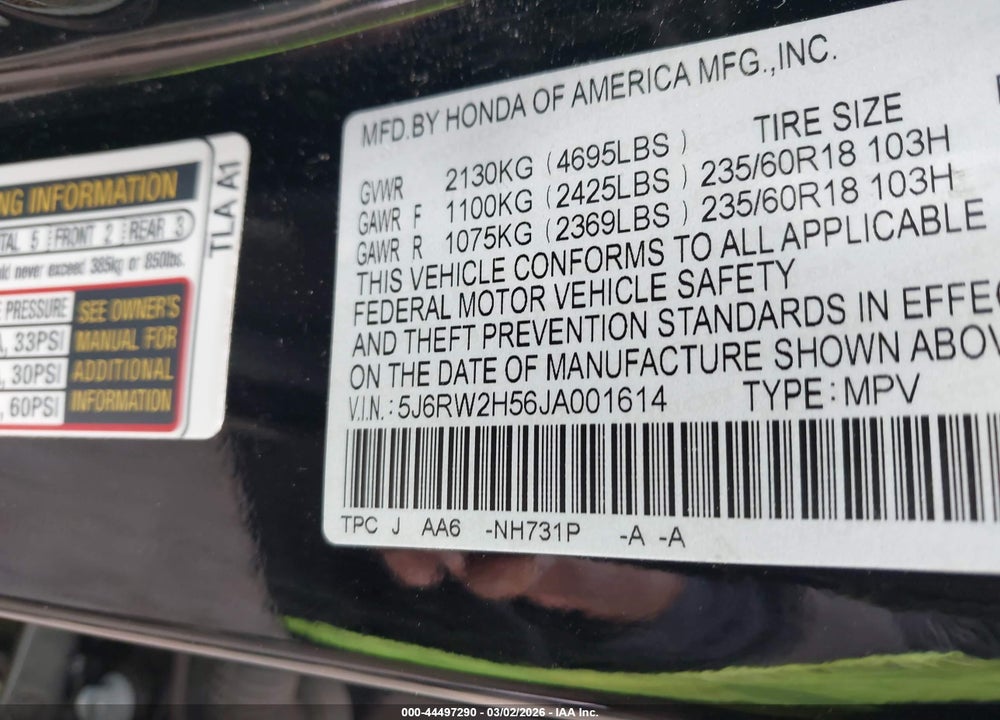 2018 HONDA CR-V EX VIN: 5J6RW2H56JA001614