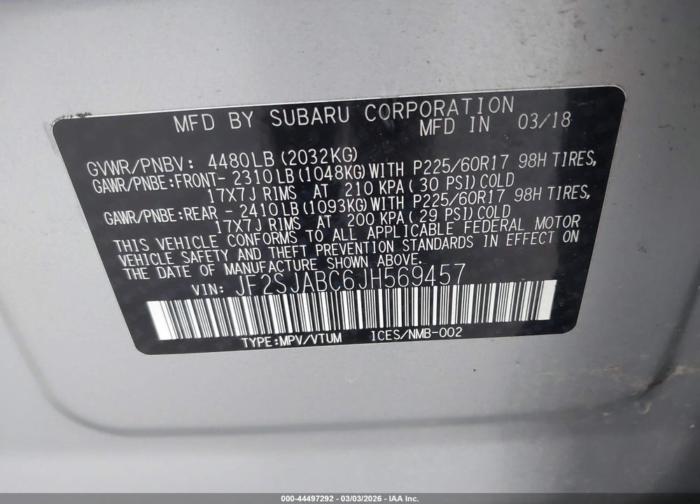 2018 SUBARU FORESTER 2.5I VIN: JF2SJABC6JH569457