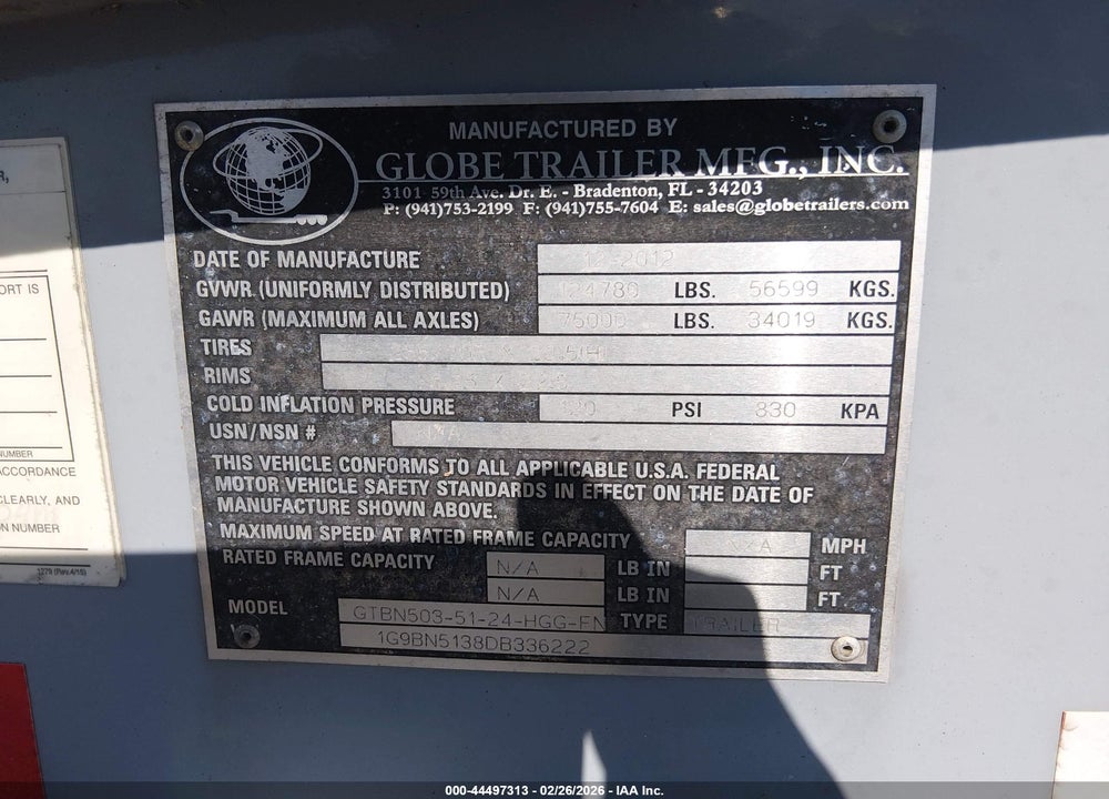 2013 GLOBE TRAILER VIN: 1G9BN5138DB336222