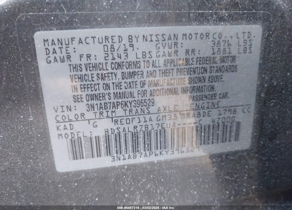 2019 NISSAN SENTRA SR VIN: 3N1AB7AP6KY396529