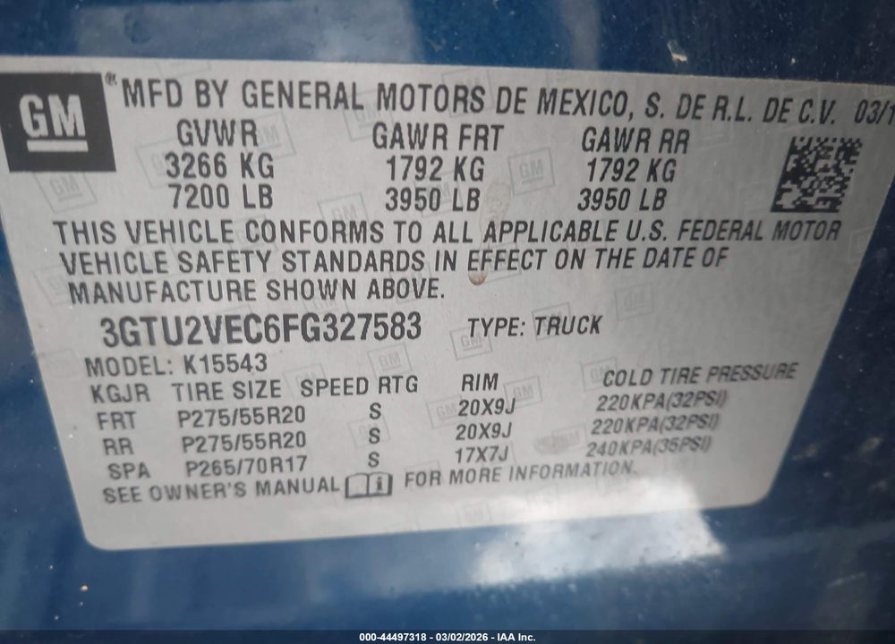 2015 GMC SIERRA 1500 SLT VIN: 3GTU2VEC6FG327583