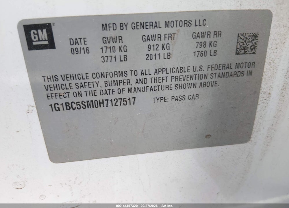 2017 CHEVROLET CRUZE LS AUTO VIN: 1G1BC5SM0H7127517