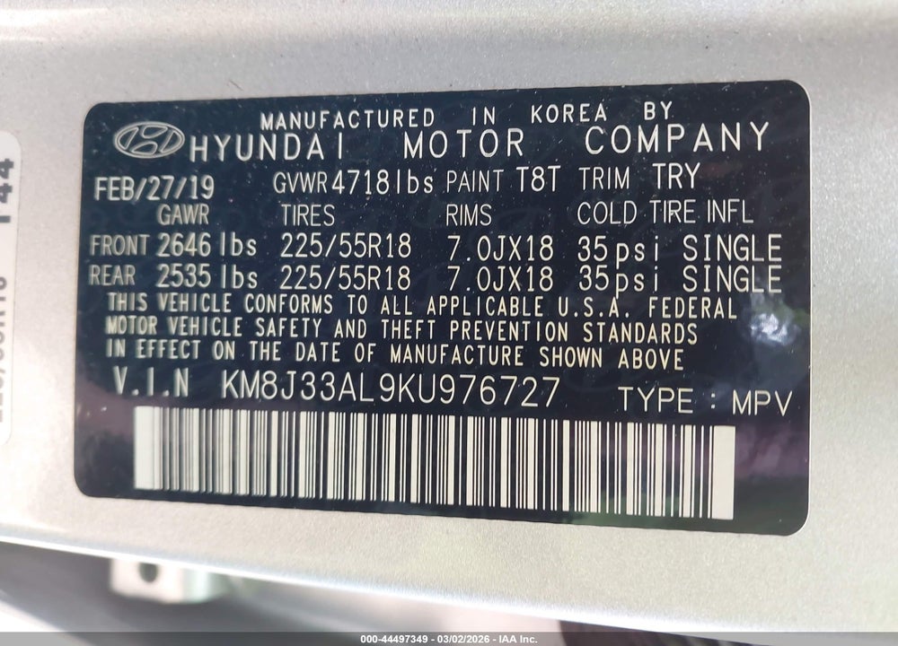 2019 HYUNDAI TUCSON ULTIMATE VIN: KM8J33AL9KU976727